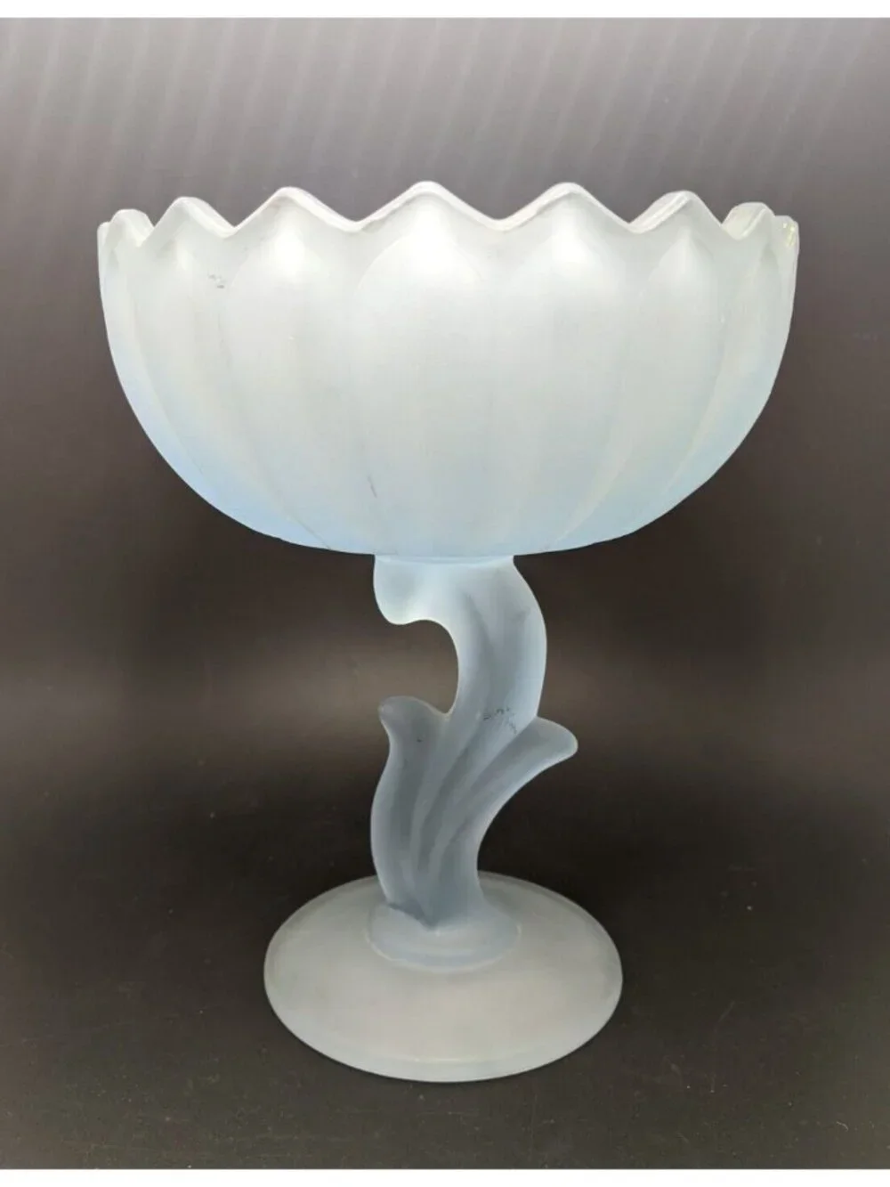 Indiana Glass Compote Frosted Satin Blue Lotus Blossom Pedestal Bowl 7.5